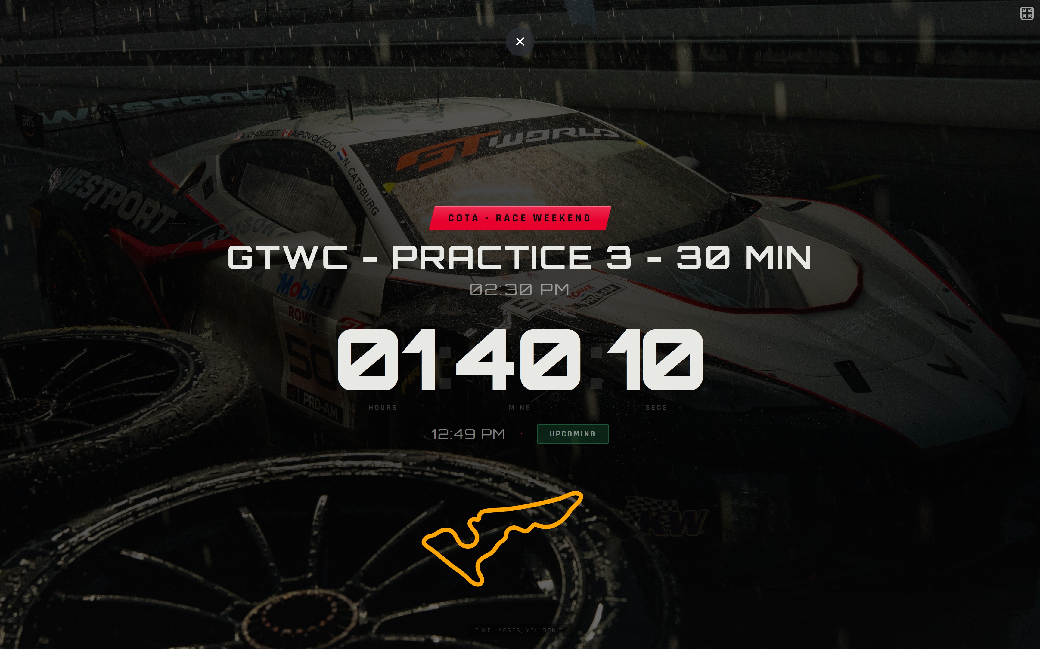 OutLapse pit wall app — fullscreen countdown with race car background, session name, track map, and Upcoming status pill