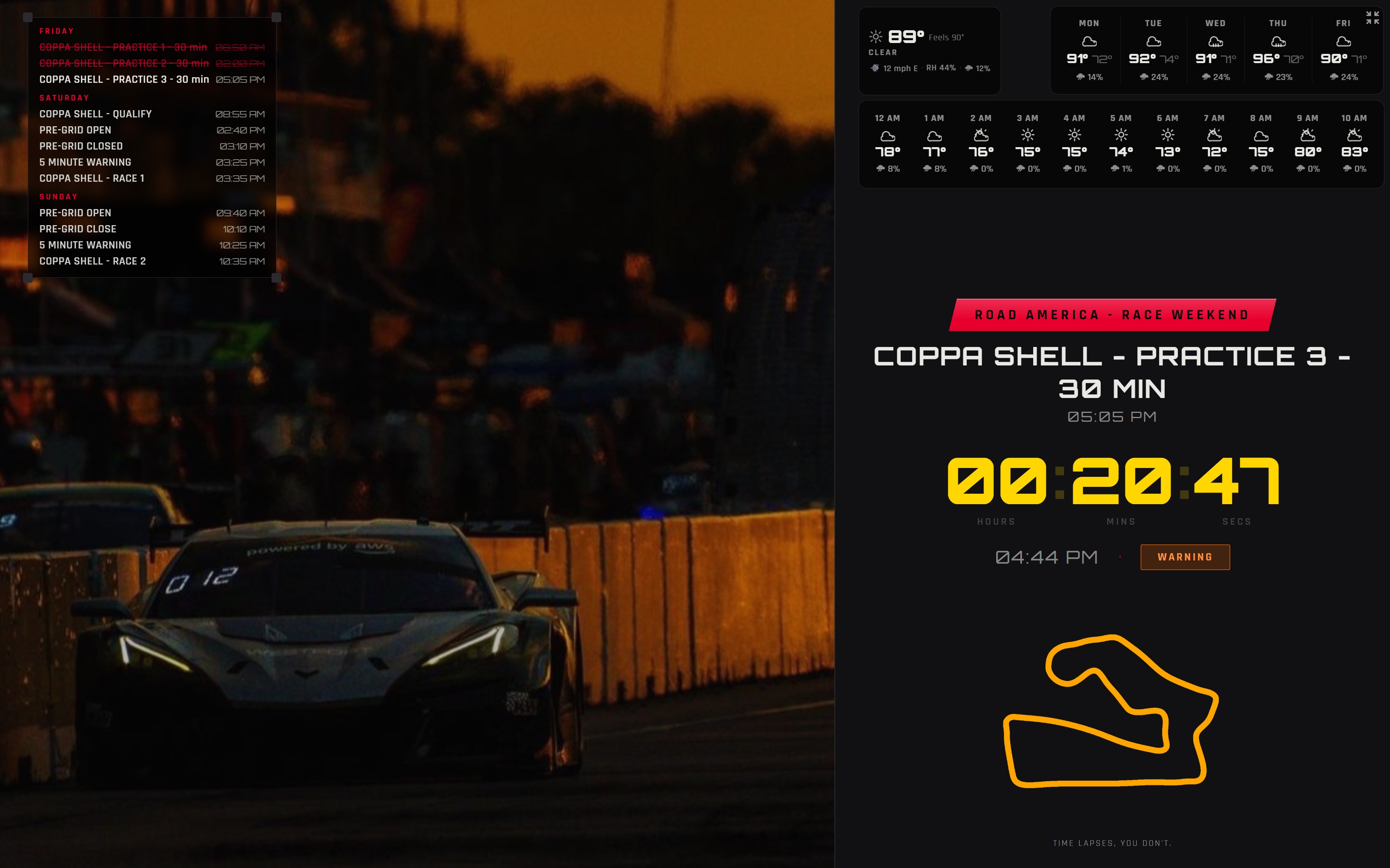 OutLapse display viewer — split screen warning state with Road America background, weather widgets, session schedule overlay, and track map