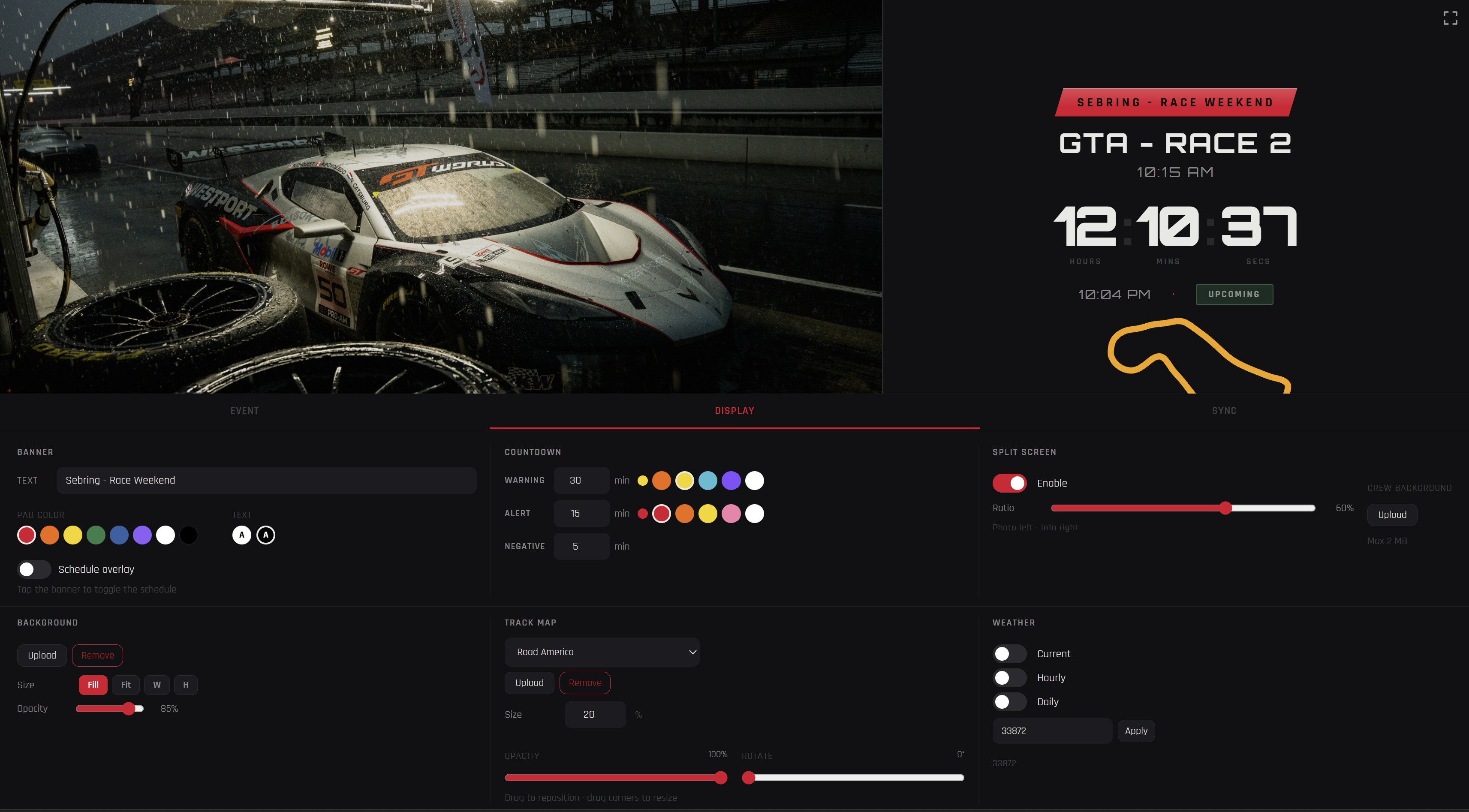 OutLapse garage display — split screen with Corvette background, track map, countdown in upcoming state, and engineer controls