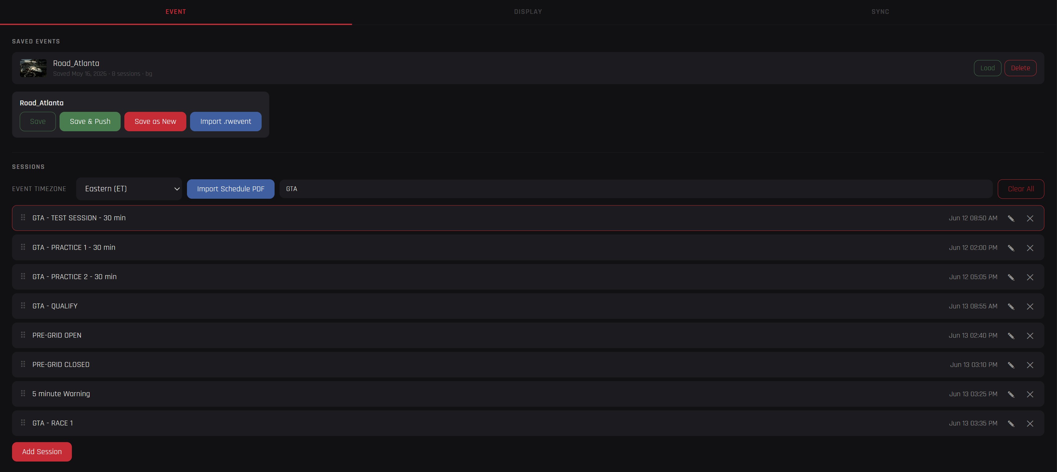 OutLapse engineer app — session list for Road Atlanta with practice, qualify and race sessions