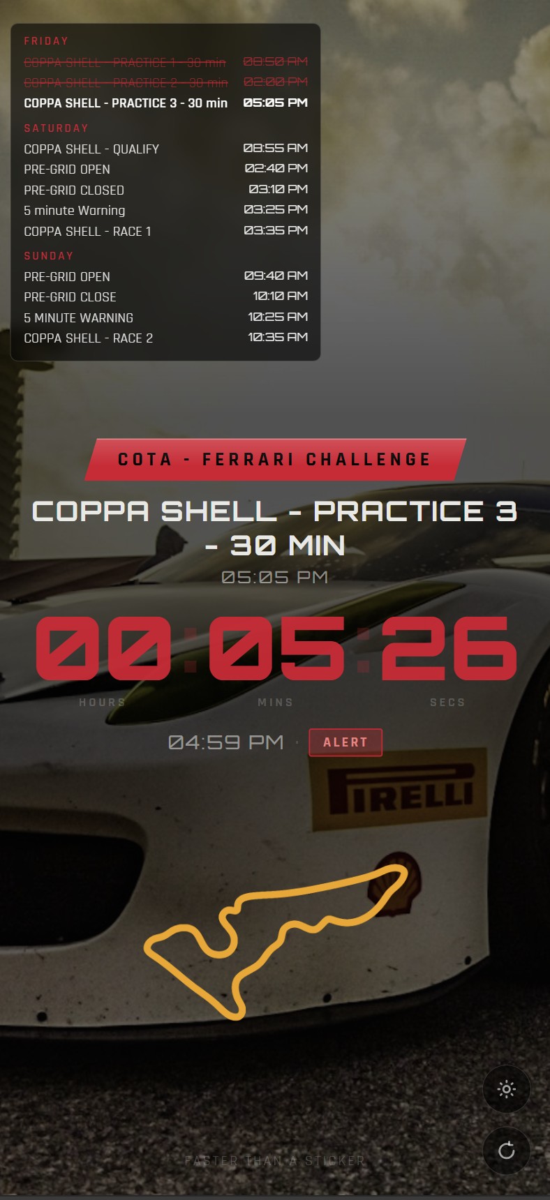 OutLapse crew viewer — alert state with Ferrari Challenge schedule overlay and track map
