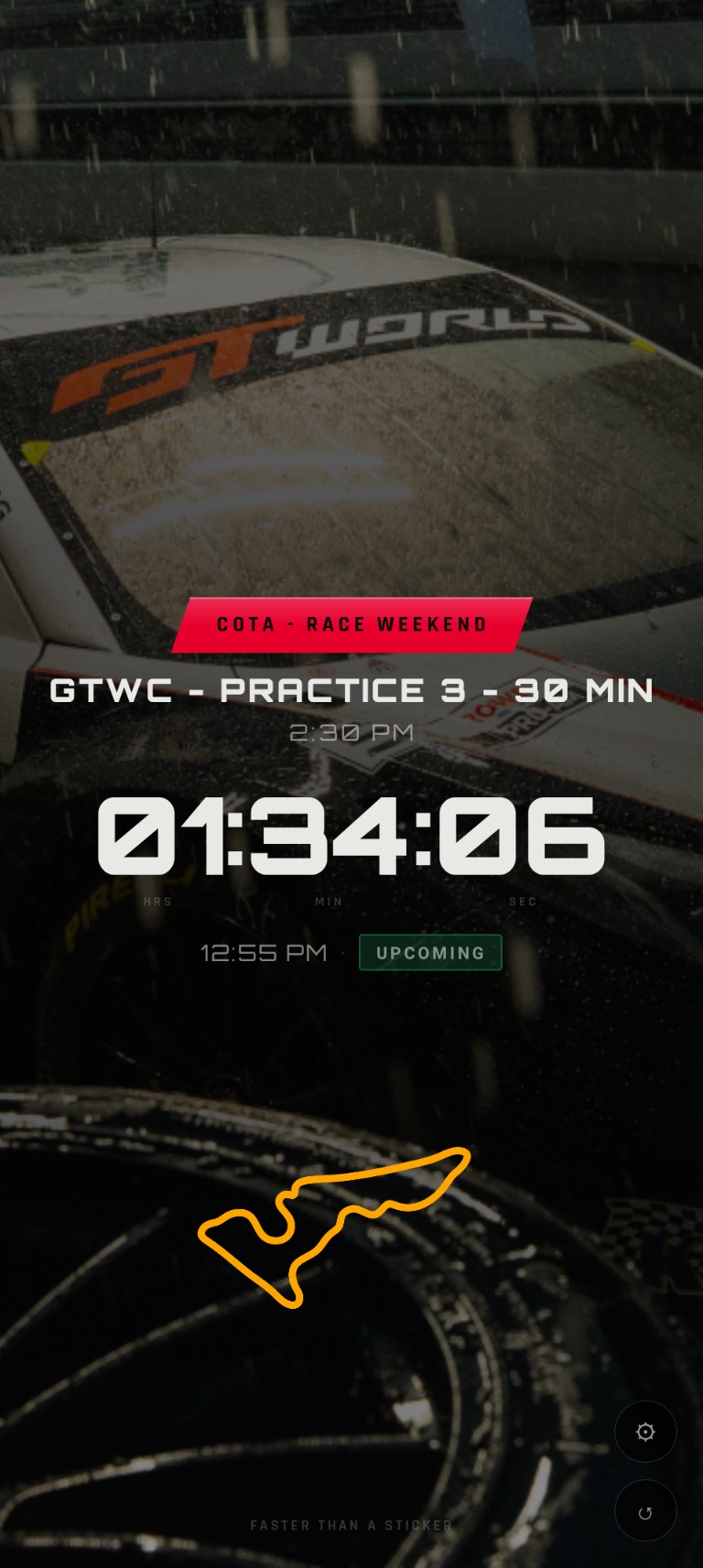 OutLapse crew viewer — portrait phone display showing live countdown with race car background and session info