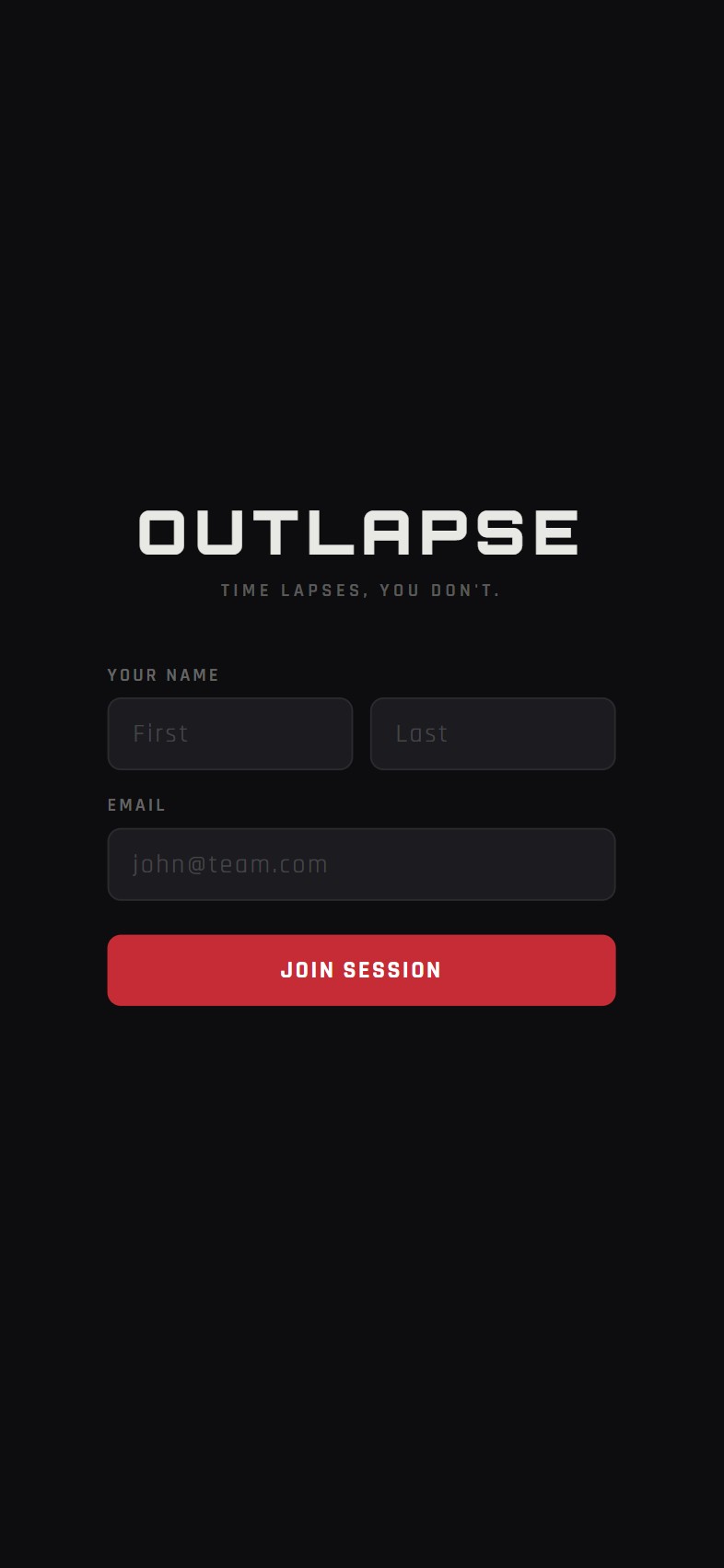 OutLapse crew viewer join screen — enter name and email to join session